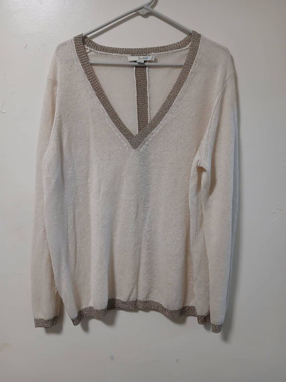 Boden womens xl sweater linen knit beige brown wide plunge Vneck quiet luxury